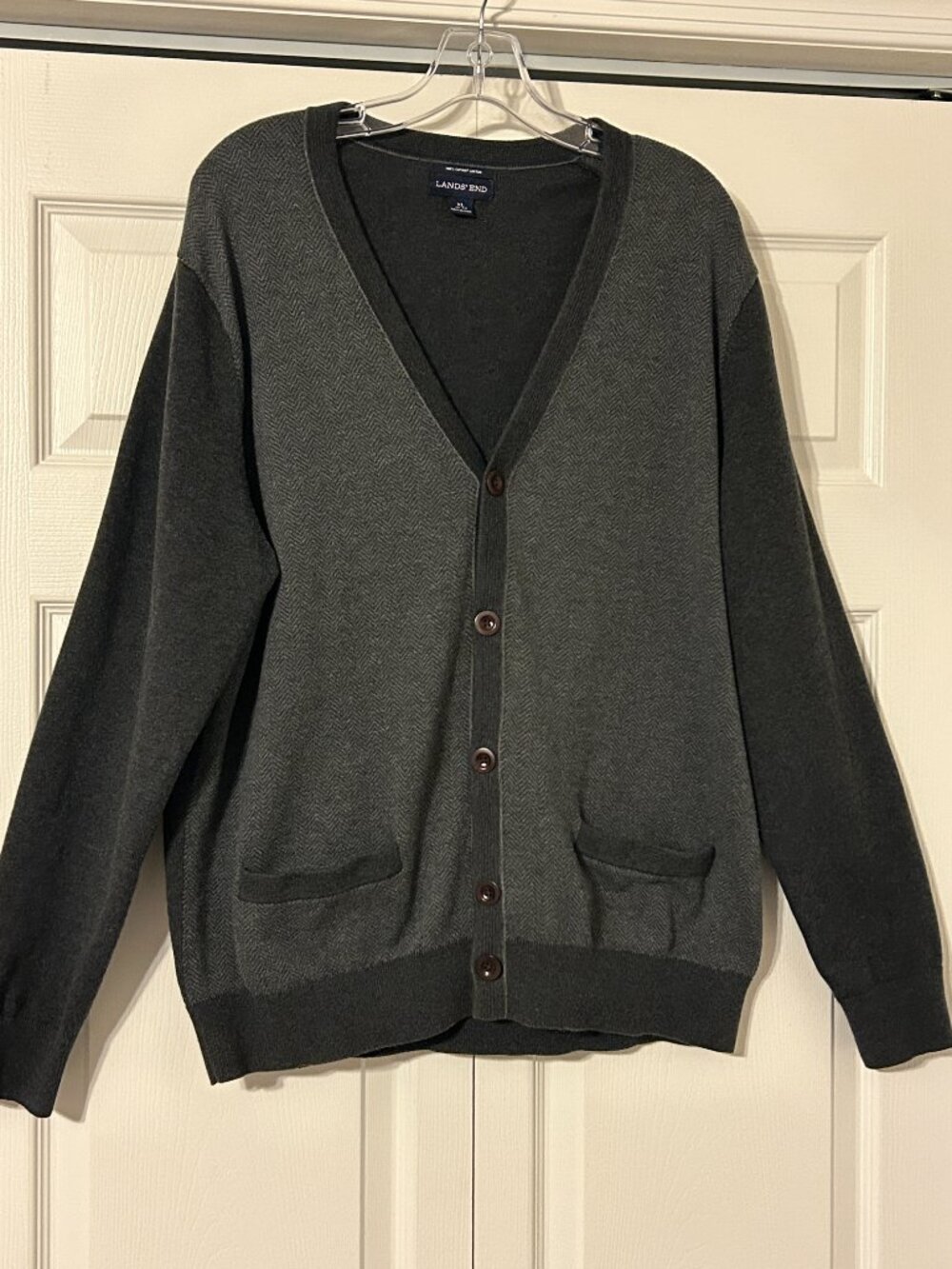 Mens LANDS' END XL Gray Herringbone Cotton Cardigan Sweater w/ Pockets